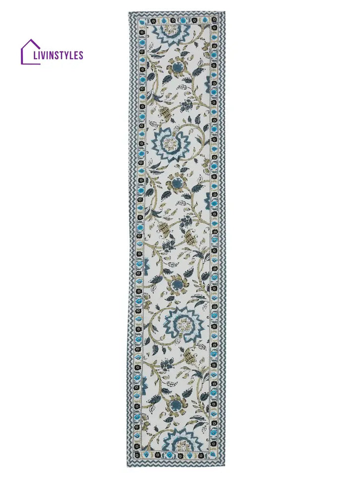 White And Green Set Of 7 Cotton Printed Table Mat Runner