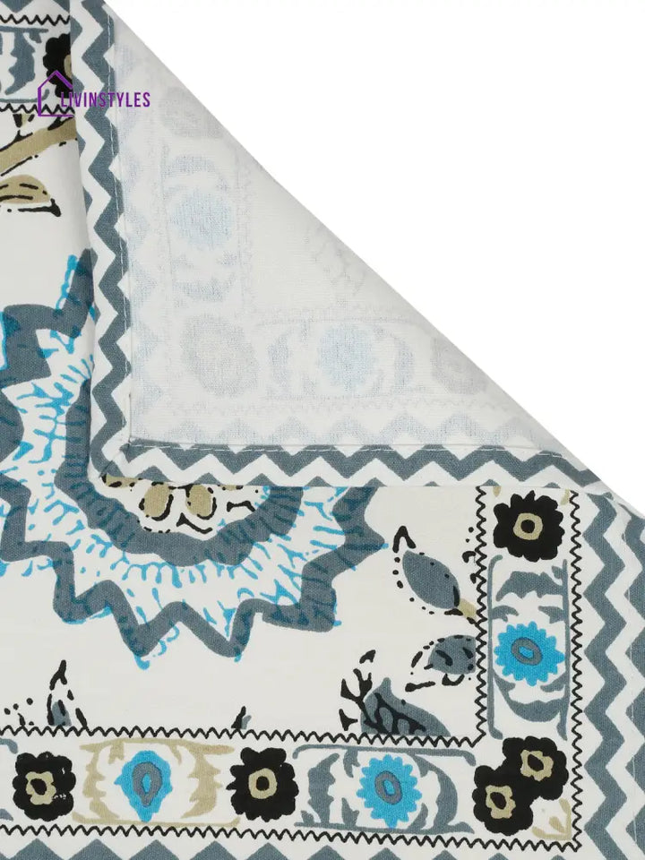 White And Green Set Of 7 Cotton Printed Table Mat Runner