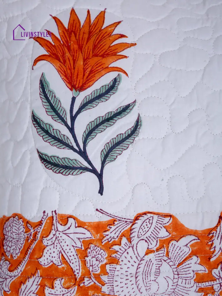 White And Orange Hand Block Quilted Pure Cotton Floral Cushion Cover Set Of 2 (16X16 Inch)