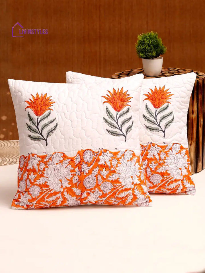 White And Orange Hand Block Quilted Pure Cotton Floral Cushion Cover Set Of 2 (16X16 Inch)