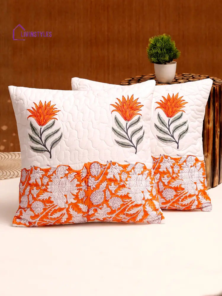 White And Orange Hand Block Quilted Pure Cotton Floral Cushion Cover Set Of 2 (16X16 Inch)