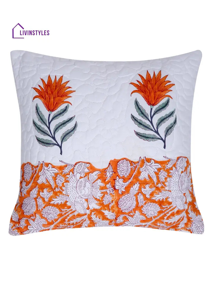 White And Orange Hand Block Quilted Pure Cotton Floral Cushion Cover Set Of 2 (16X16 Inch)