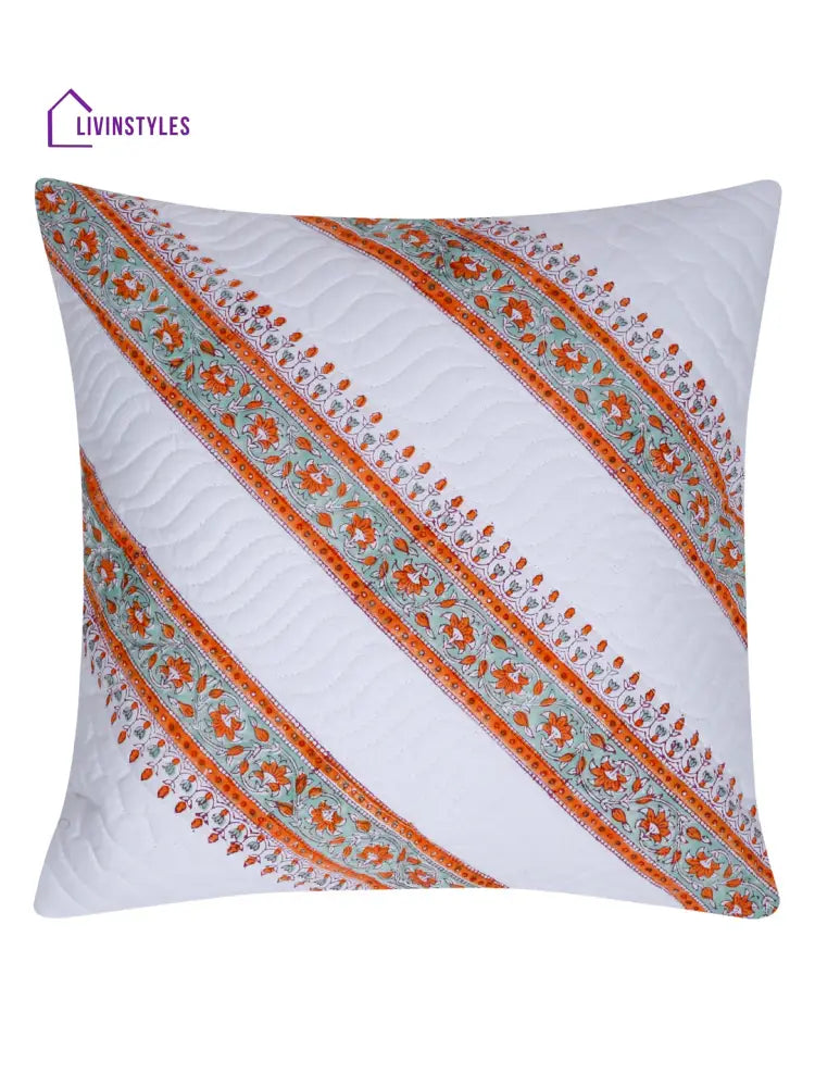 White And Orange Hand Block Quilted Pure Cotton Floral Cushion Cover Set Of 2 (16X16 Inch)