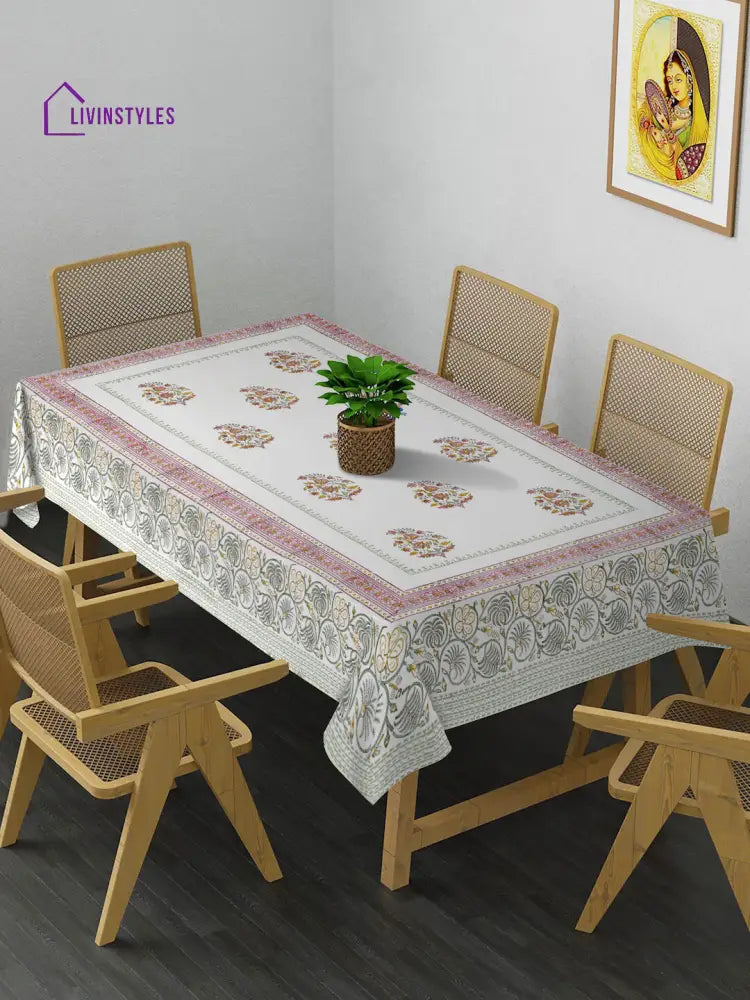 White And Pink 6 Seater Printed Cotton Table Cover (60 X 90 Inch)