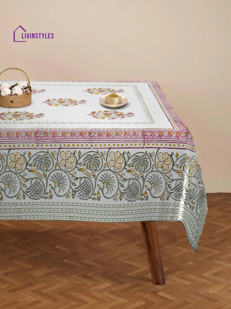 White And Pink 6 Seater Printed Cotton Table Cover (60 X 90 Inch)
