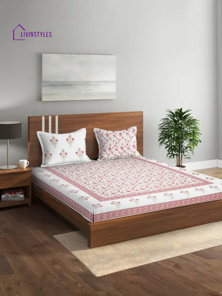 White And Pink Cotton Floral Print King Bed Sheet With 2 Pillow Covers