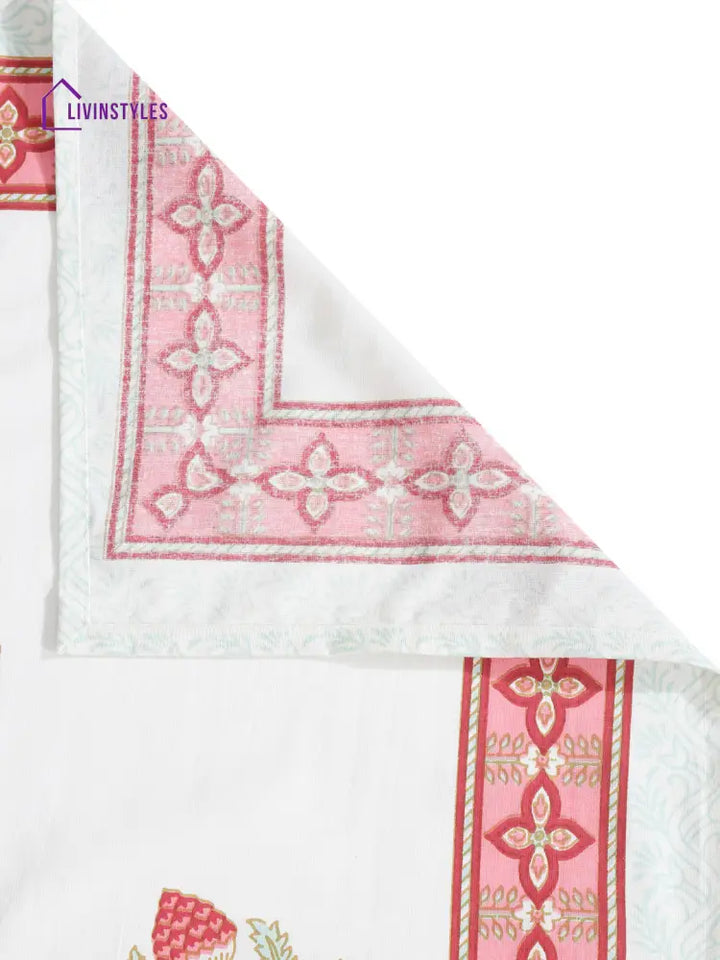 White And Pink Cotton Floral Print King Bed Sheet With 2 Pillow Covers