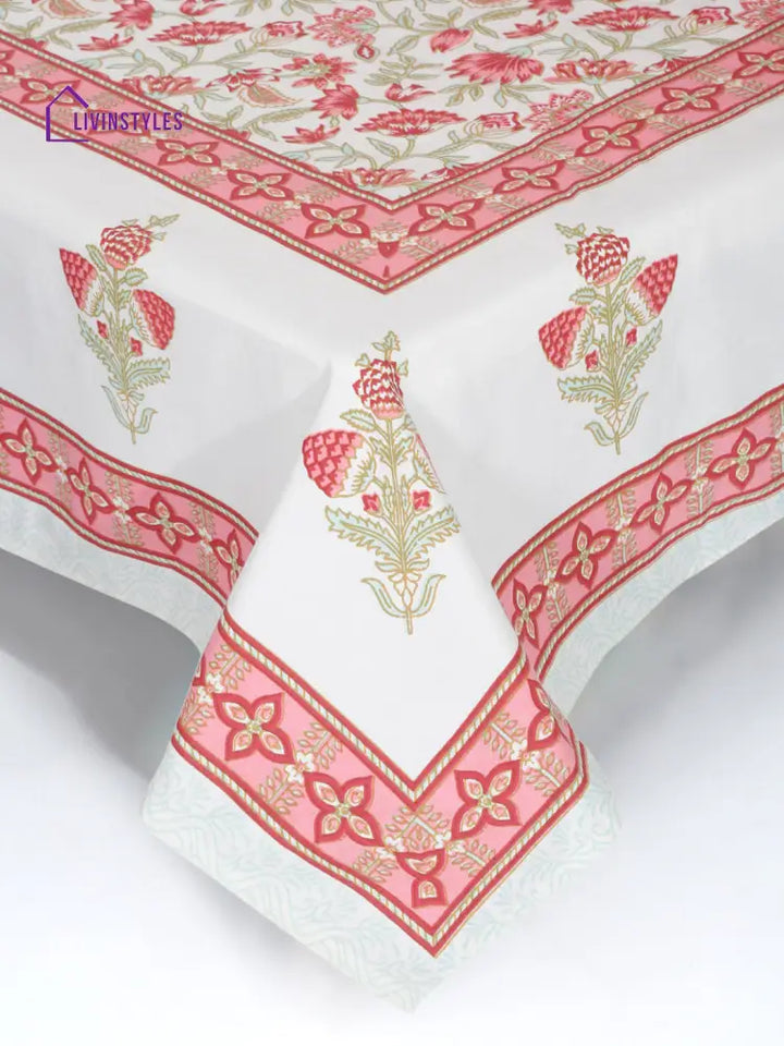 White And Pink Cotton Floral Print King Bed Sheet With 2 Pillow Covers