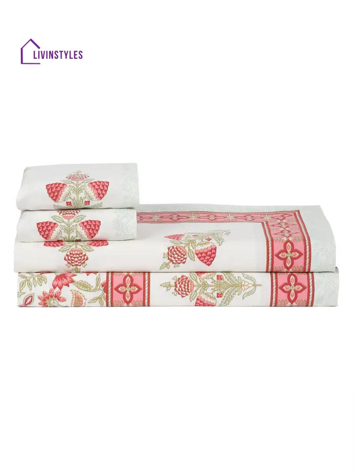 White And Pink Cotton Floral Print King Bed Sheet With 2 Pillow Covers
