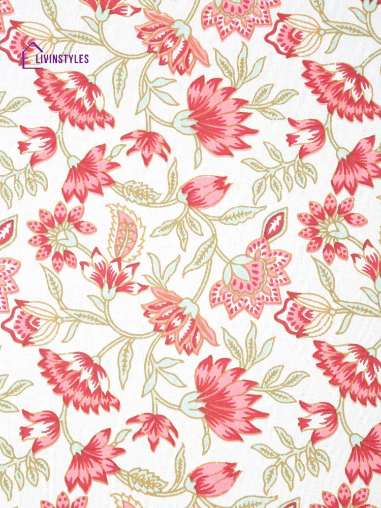 White And Pink Cotton Floral Print King Bed Sheet With 2 Pillow Covers