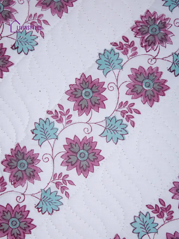 White And Pink Hand Block Quilted Pure Cotton Floral Cushion Cover Set Of 2 (16X16 Inch)