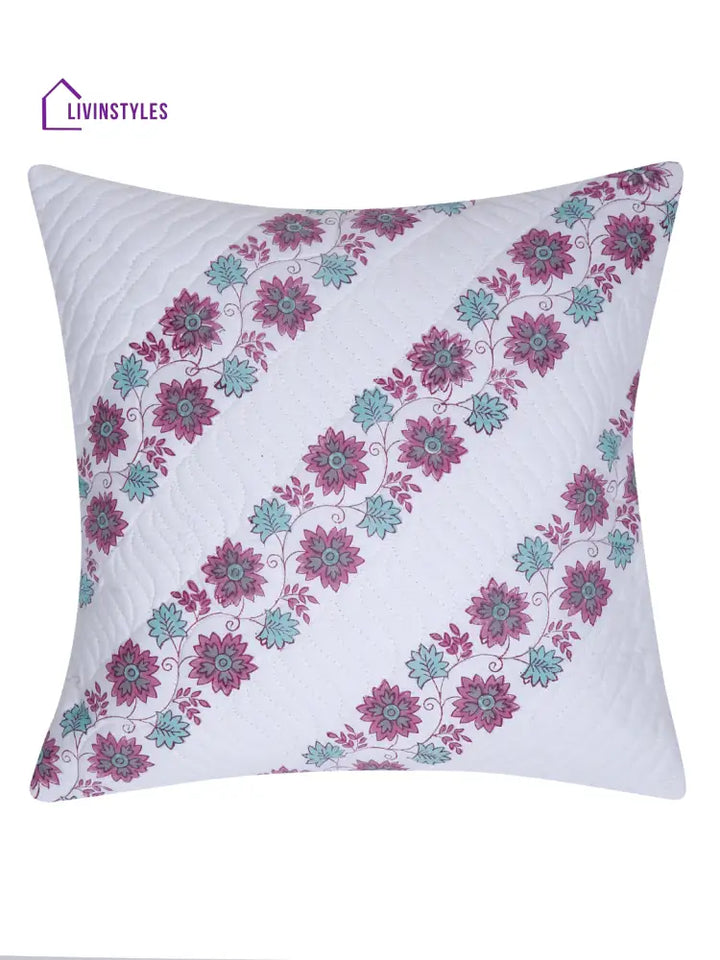 White And Pink Hand Block Quilted Pure Cotton Floral Cushion Cover Set Of 2 (16X16 Inch)
