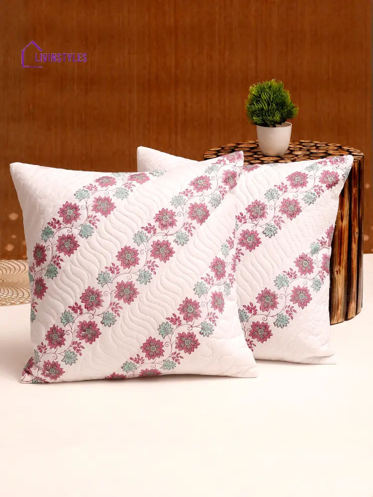 White And Pink Hand Block Quilted Pure Cotton Floral Cushion Cover Set Of 2 (16X16 Inch)