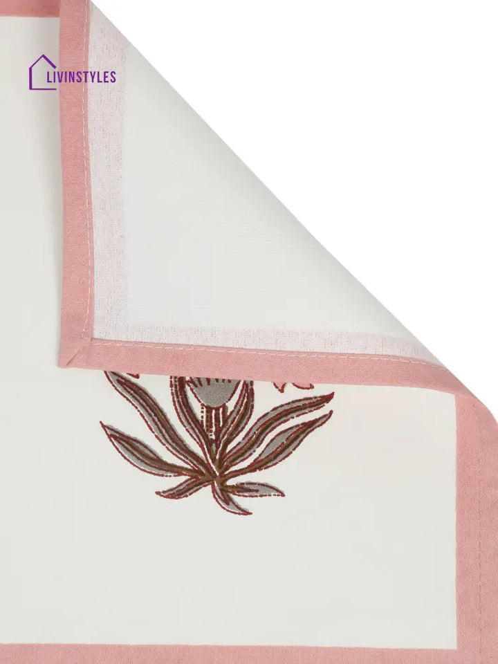 White And Pink Set Of 7 Cotton Printed Table Mat Runner