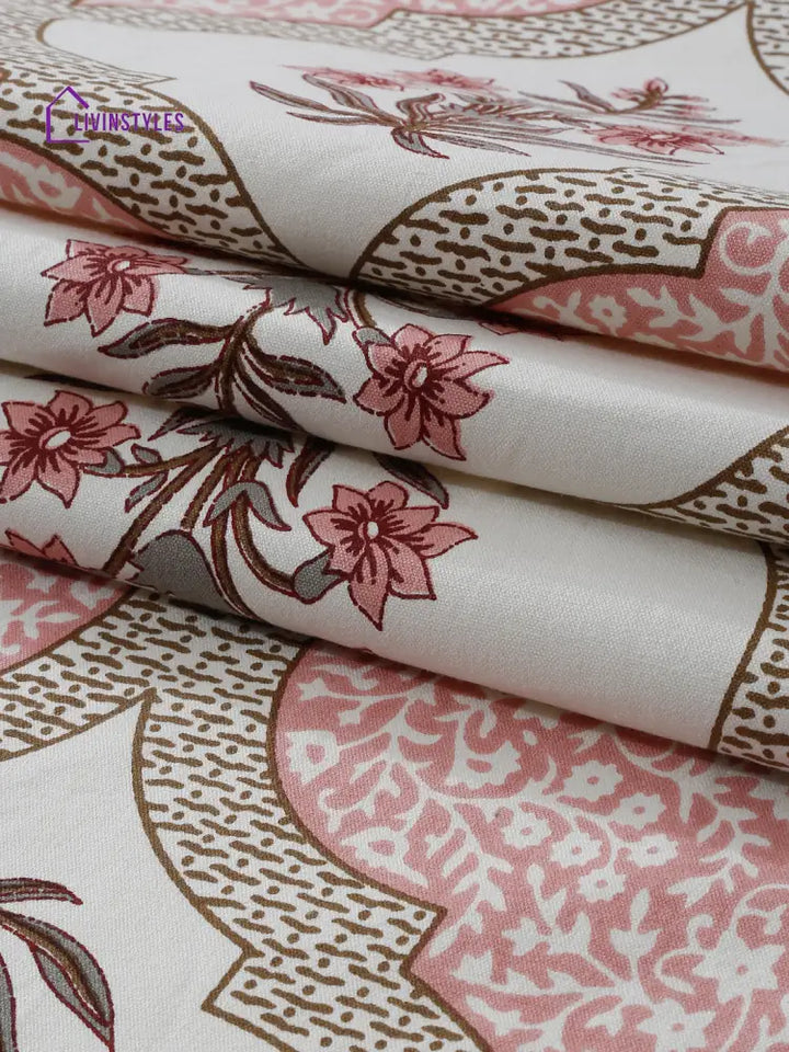 White And Pink Set Of 7 Cotton Printed Table Mat Runner