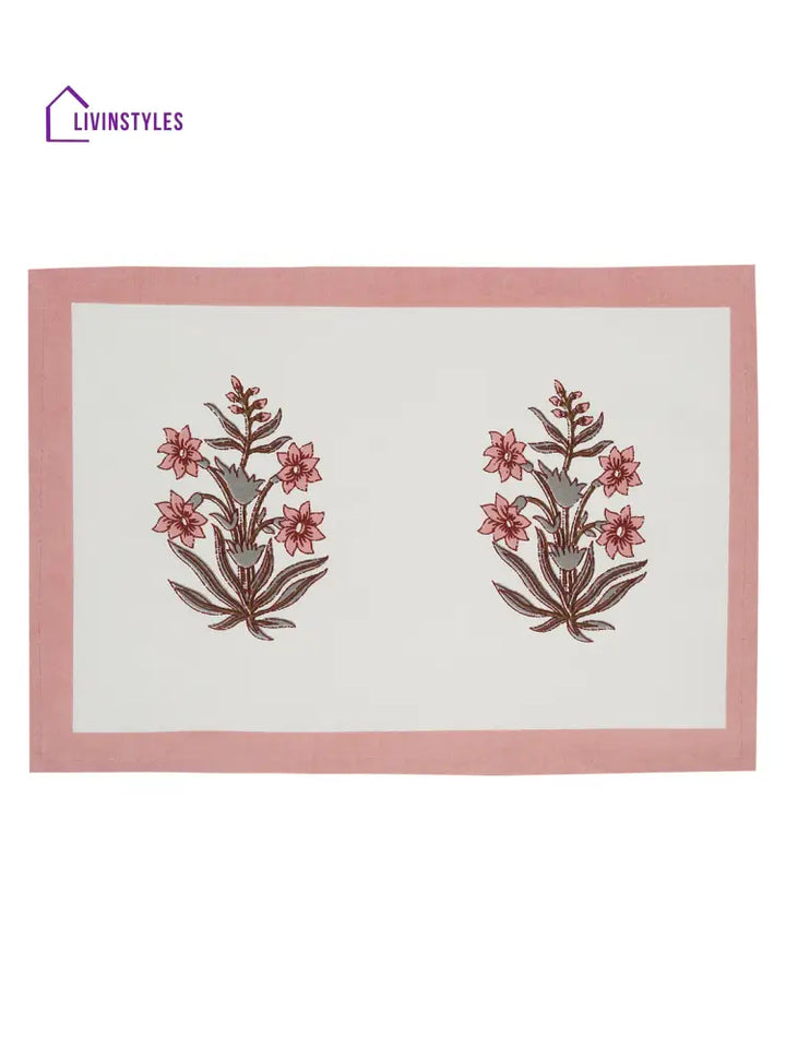 White And Pink Set Of 7 Cotton Printed Table Mat Runner