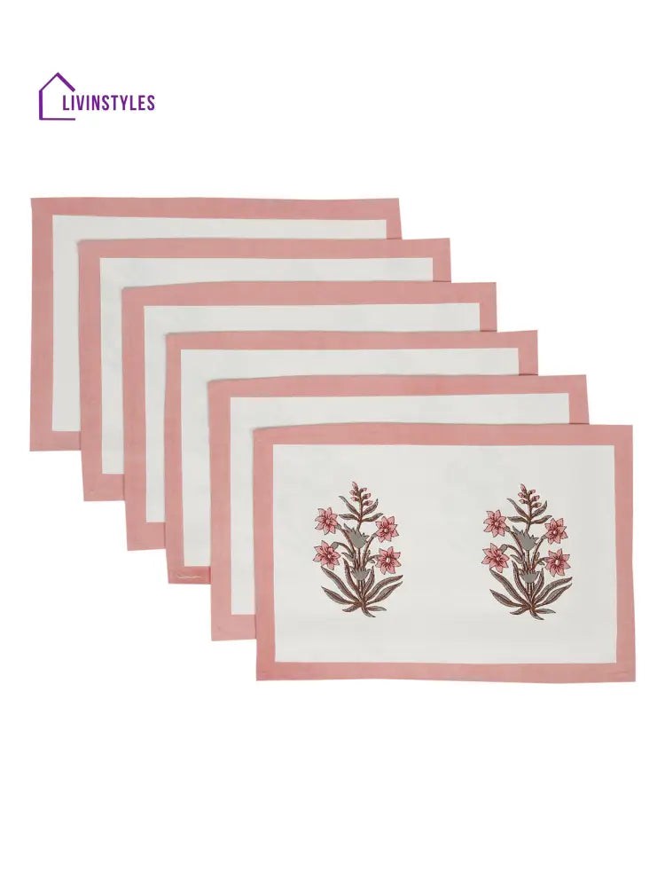 White And Pink Set Of 7 Cotton Printed Table Mat Runner