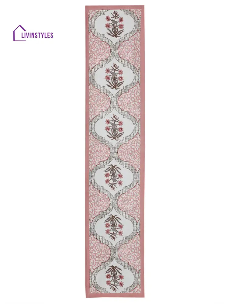 White And Pink Set Of 7 Cotton Printed Table Mat Runner
