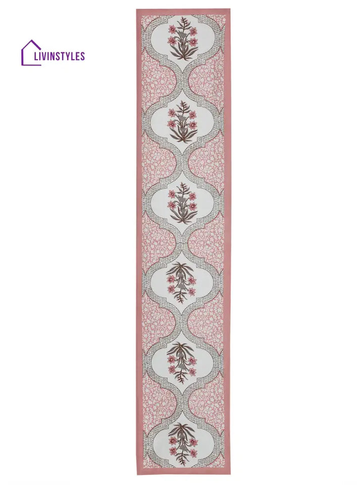 White And Pink Set Of 7 Cotton Printed Table Mat Runner