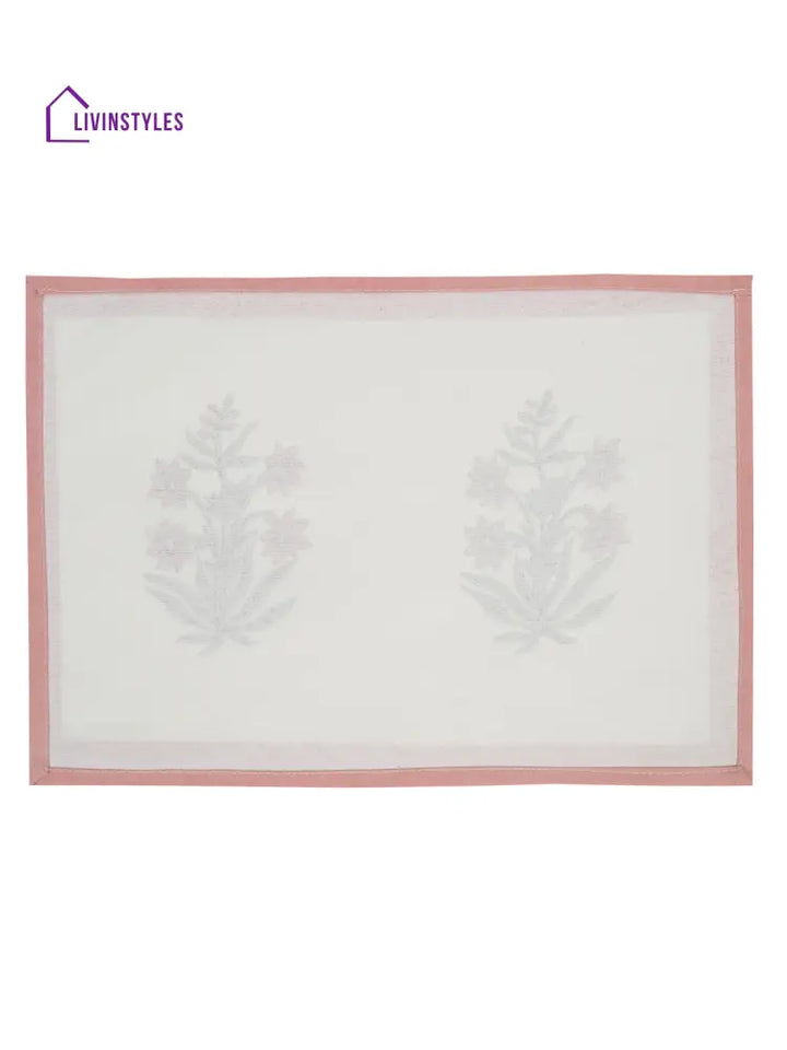 White And Pink Set Of 7 Cotton Printed Table Mat Runner