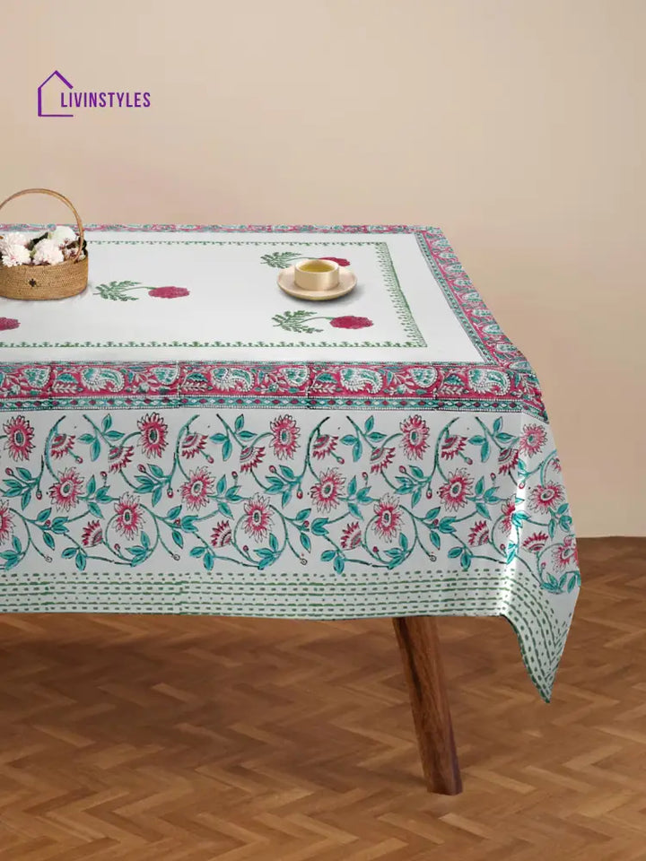 White And Red 6 Seater Printed Cotton Table Cover (60 X 90 Inch)