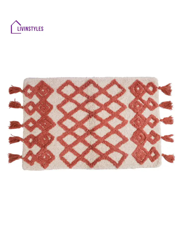 White And Rust Self Design Tassels Cotton Bath Rug Mats