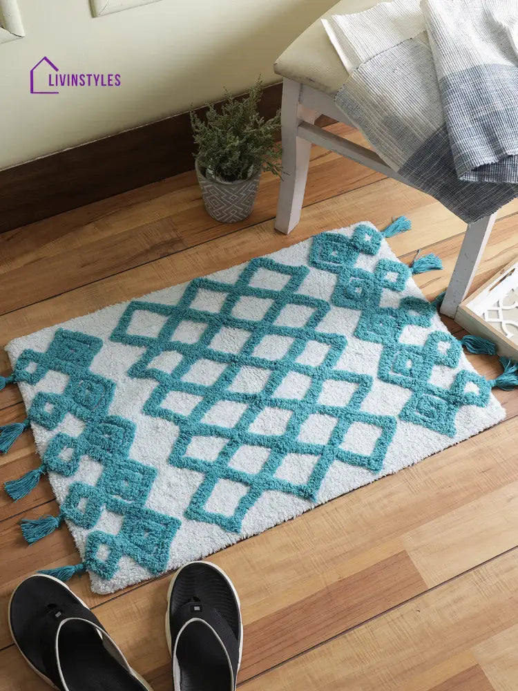 White And Teal Self Design Tassels Cotton Bath Rug Mats