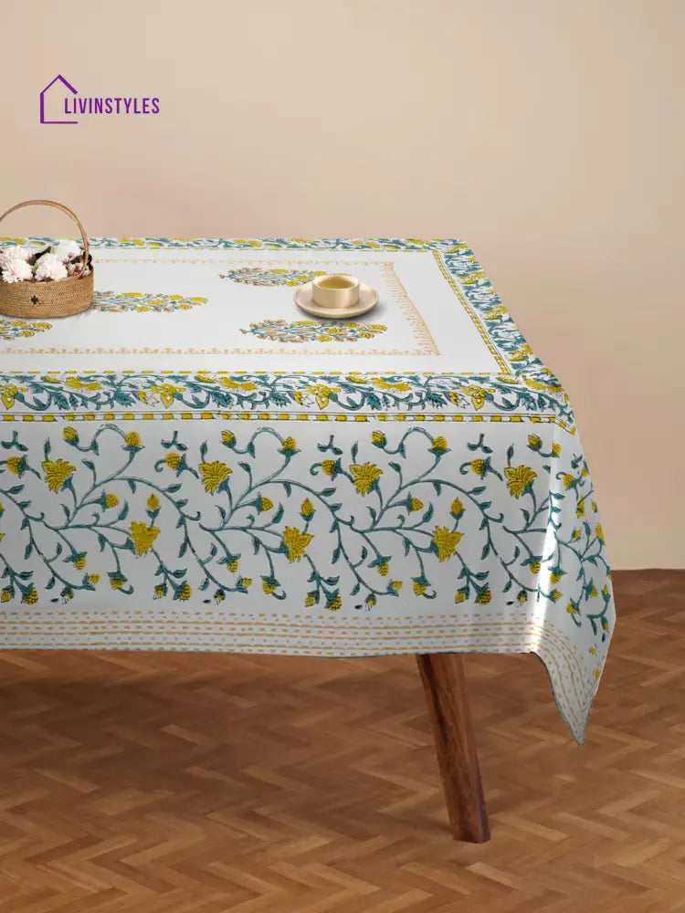 White And Yellow 6 Seater Printed Cotton Table Cover (60 X 90 Inch)