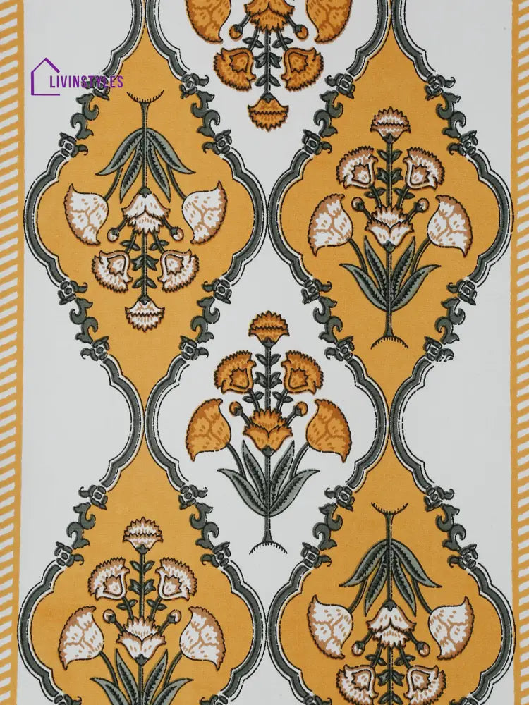 White And Yellow Set Of 7 Cotton Printed Floral Table Mat Runner