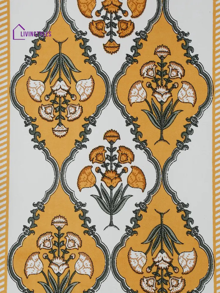 White And Yellow Set Of 7 Cotton Printed Floral Table Mat Runner