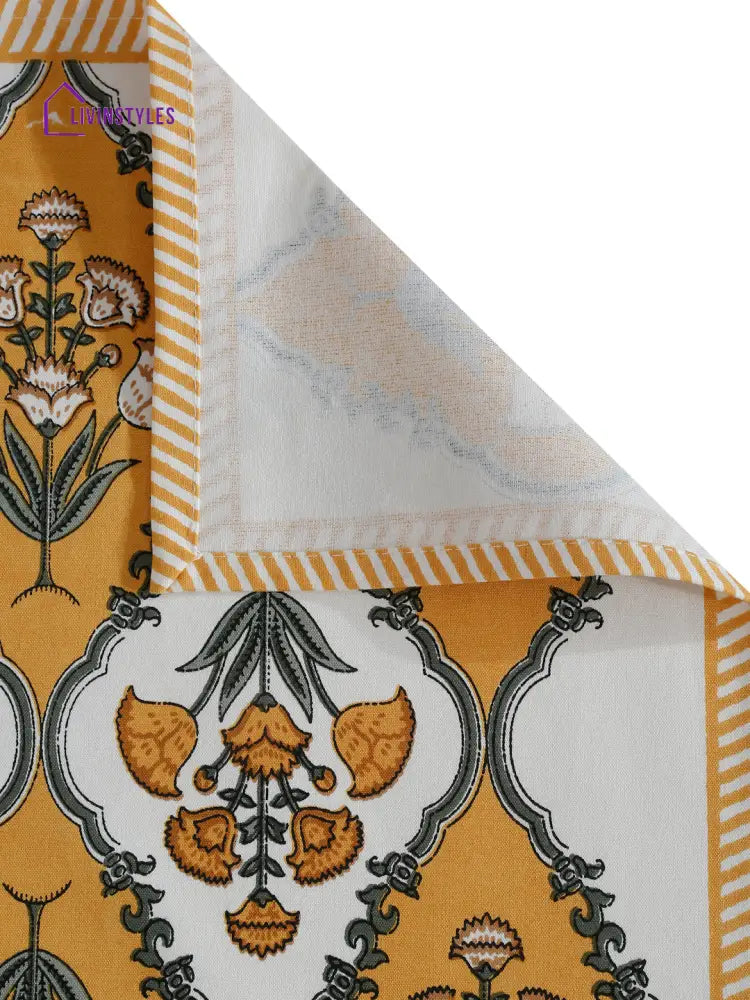 White And Yellow Set Of 7 Cotton Printed Floral Table Mat Runner