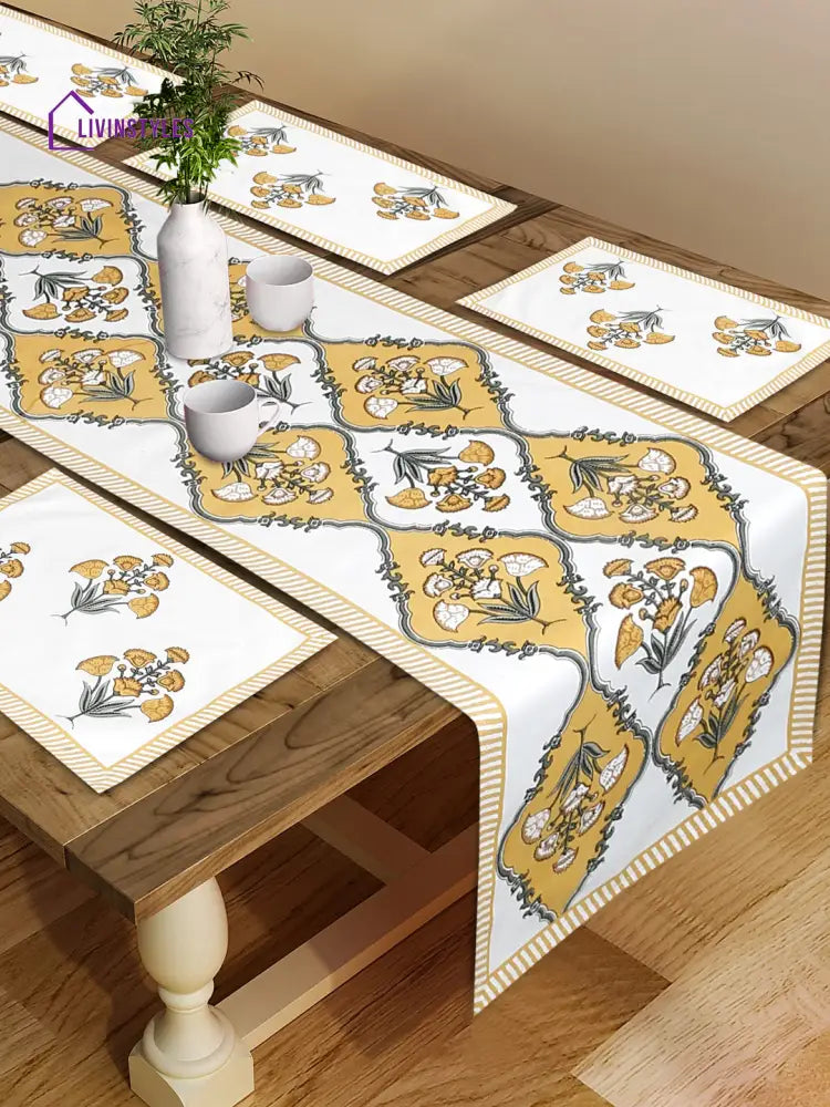 White And Yellow Set Of 7 Cotton Printed Floral Table Mat Runner