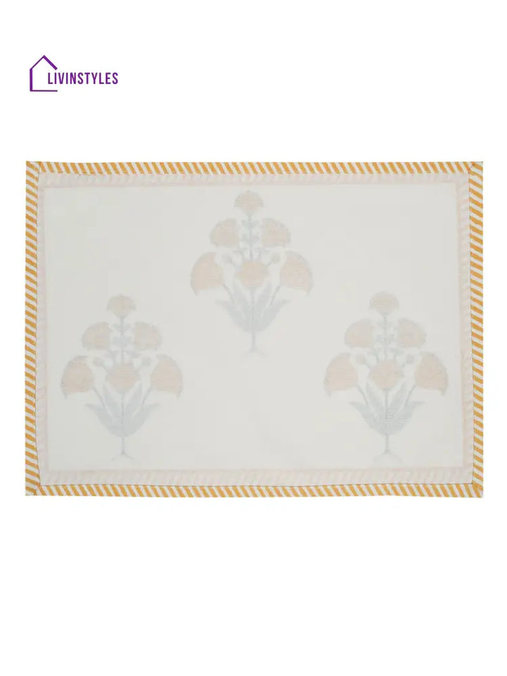 White And Yellow Set Of 7 Cotton Printed Floral Table Mat Runner
