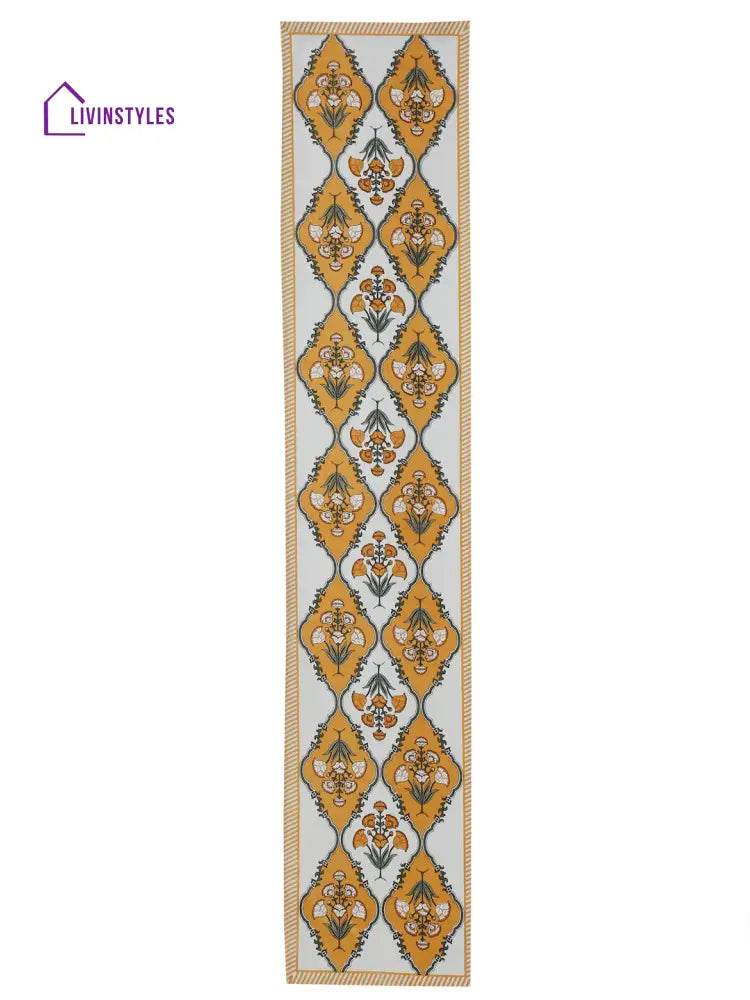 White And Yellow Set Of 7 Cotton Printed Floral Table Mat Runner