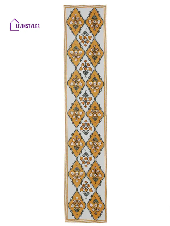 White And Yellow Set Of 7 Cotton Printed Floral Table Mat Runner