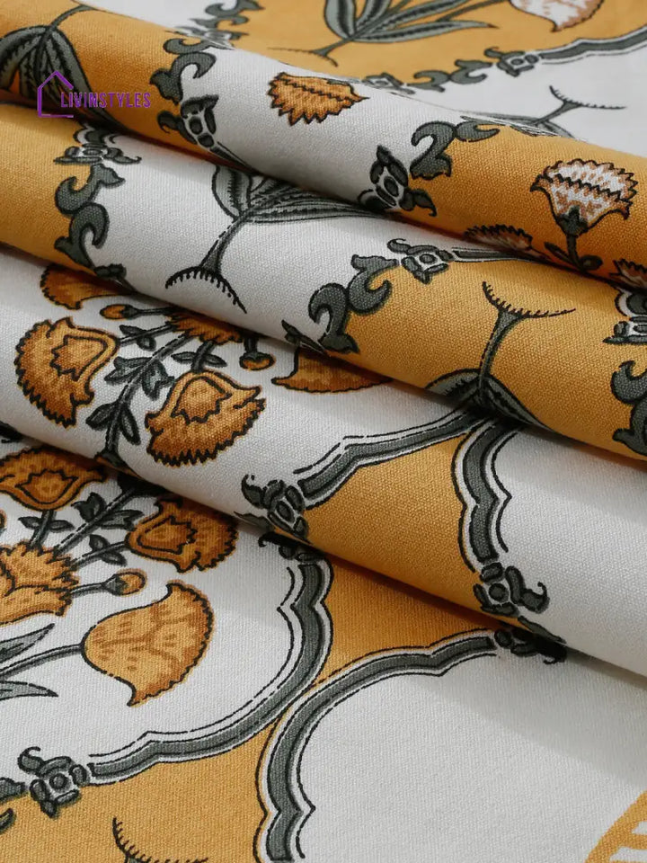 White And Yellow Set Of 7 Cotton Printed Floral Table Mat Runner
