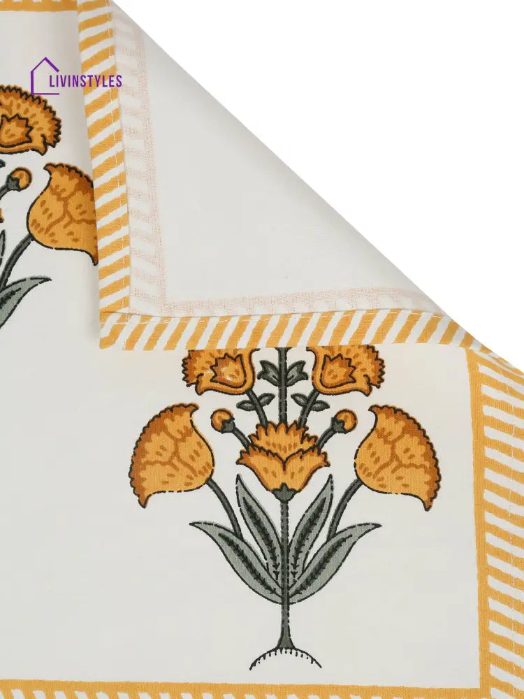 White And Yellow Set Of 7 Cotton Printed Floral Table Mat Runner