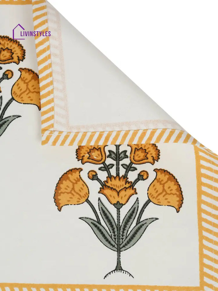 White And Yellow Set Of 7 Cotton Printed Floral Table Mat Runner