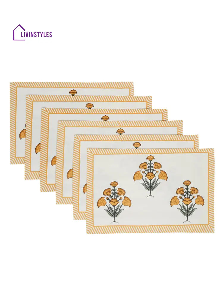 White And Yellow Set Of 7 Cotton Printed Floral Table Mat Runner