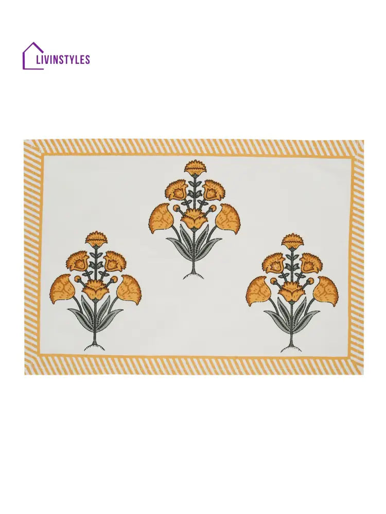 White And Yellow Set Of 7 Cotton Printed Floral Table Mat Runner
