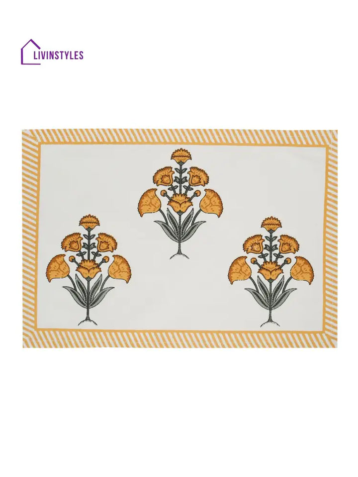 White And Yellow Set Of 7 Cotton Printed Floral Table Mat Runner