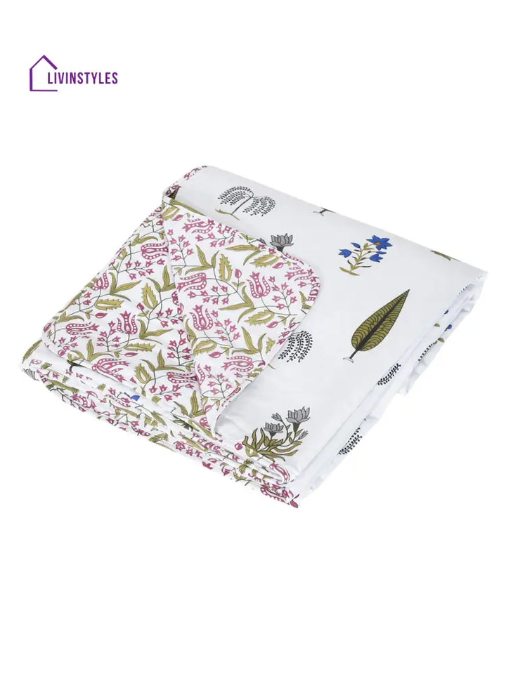 White Ethnic Printed 120 Gsm Revesible Cotton Double Bed Ac Dohar