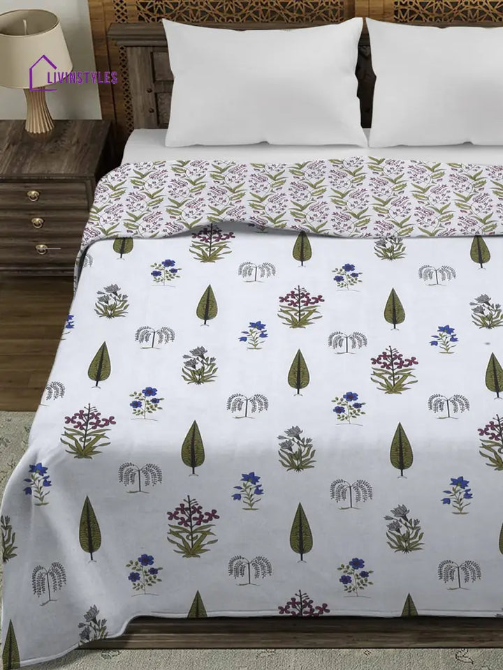 White Ethnic Printed 120 Gsm Revesible Cotton Double Bed Ac Dohar