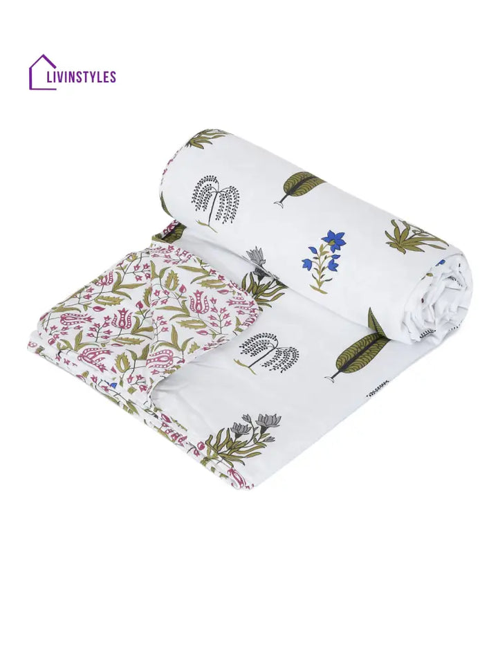 White Ethnic Printed 120 Gsm Revesible Cotton Double Bed Ac Dohar