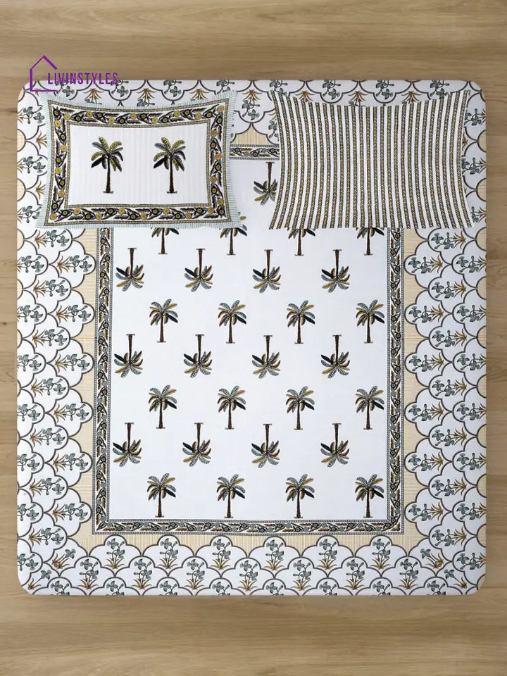 White Floral Print Cotton Double Bed Sheet With 2 Pillow Covers