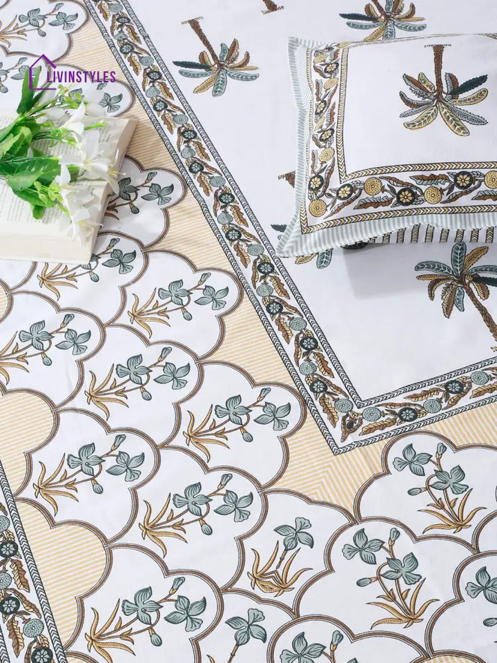 White Floral Print Cotton Double Bed Sheet With 2 Pillow Covers