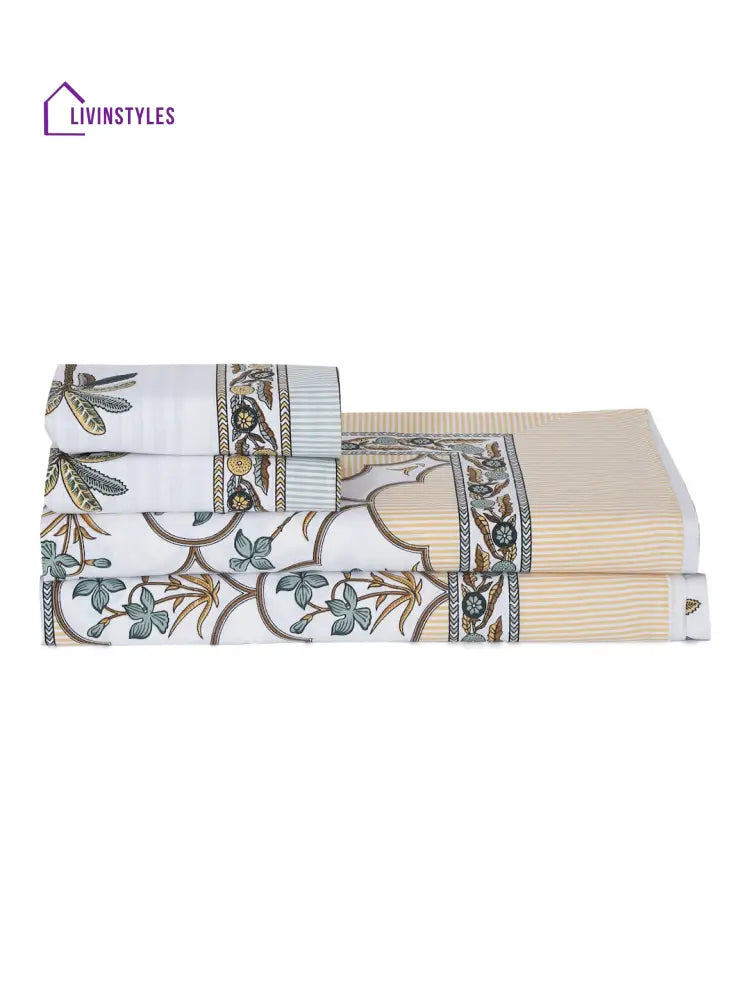 White Floral Print Cotton Double Bed Sheet With 2 Pillow Covers