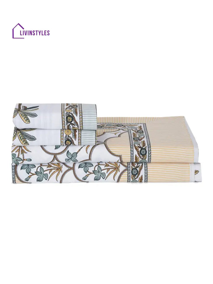 White Floral Print Cotton Double Bed Sheet With 2 Pillow Covers