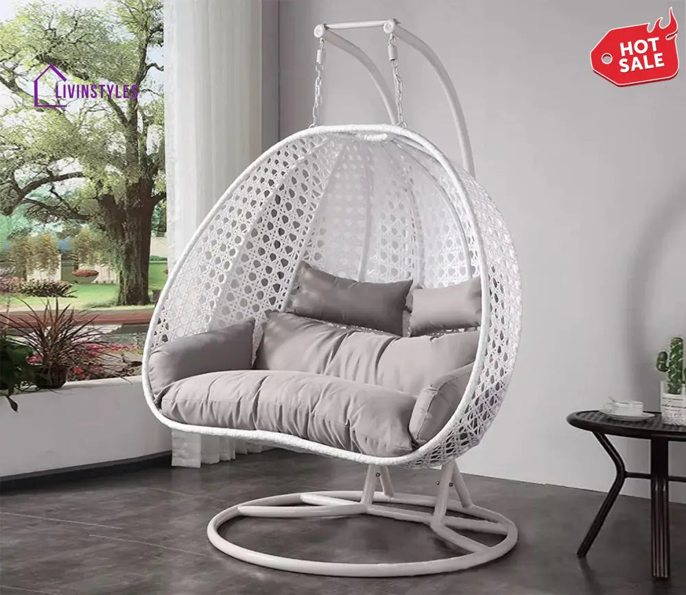 White Metal Swing Chair With Grey Cushion