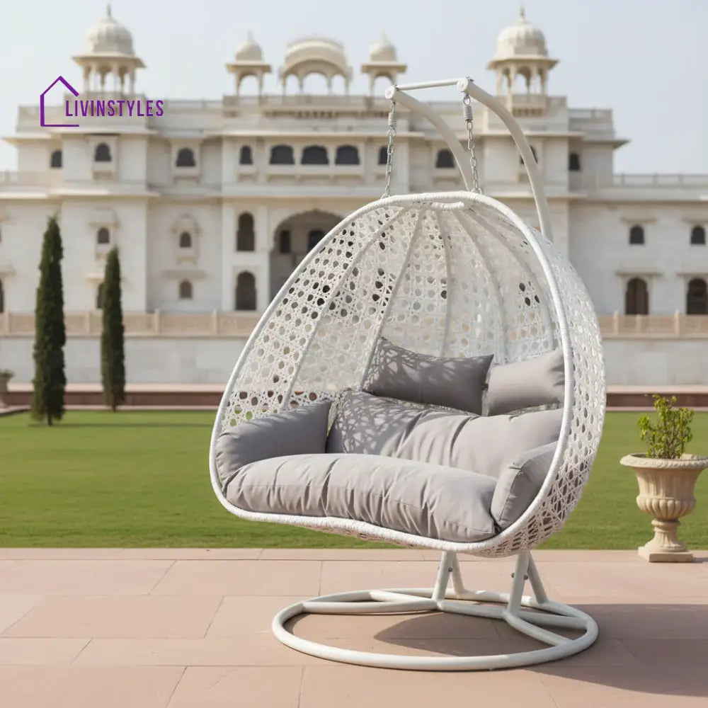 White Metal Swing Chair With Grey Cushion